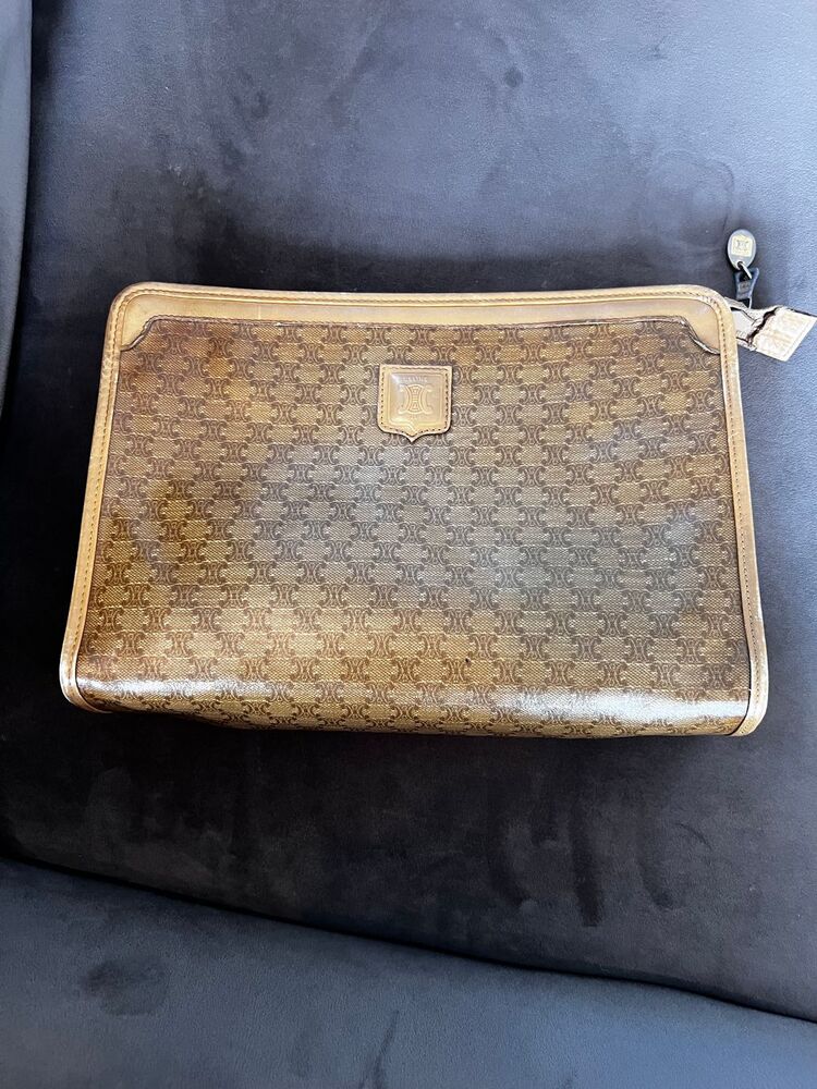 Celine Triomphe Monogram Clutch Bag Brown Vintage Women's Handbag - Picture 2 of 10
